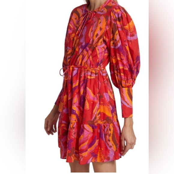 Farm Rio Long Sleeve Mini Dress Banana Juice Print Pink Beaded Drawstring Large - Picture 2 of 14